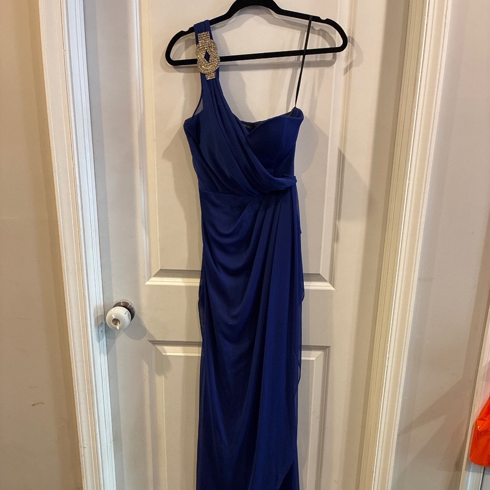 One shoulder rouched gown with embellished strap